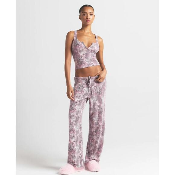 NWT Skims Sleep Henley Tank and Straight Leg Pant SET Bloom Mini Multi Animal M